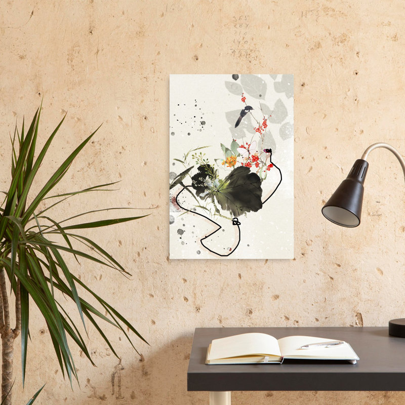 Blossoms And Silhouette Abstract Delicate Elegant Butterfly Bird Lotus Flower Nature Wall Art Print 1 Piece Wrapped Canvas Wall Art