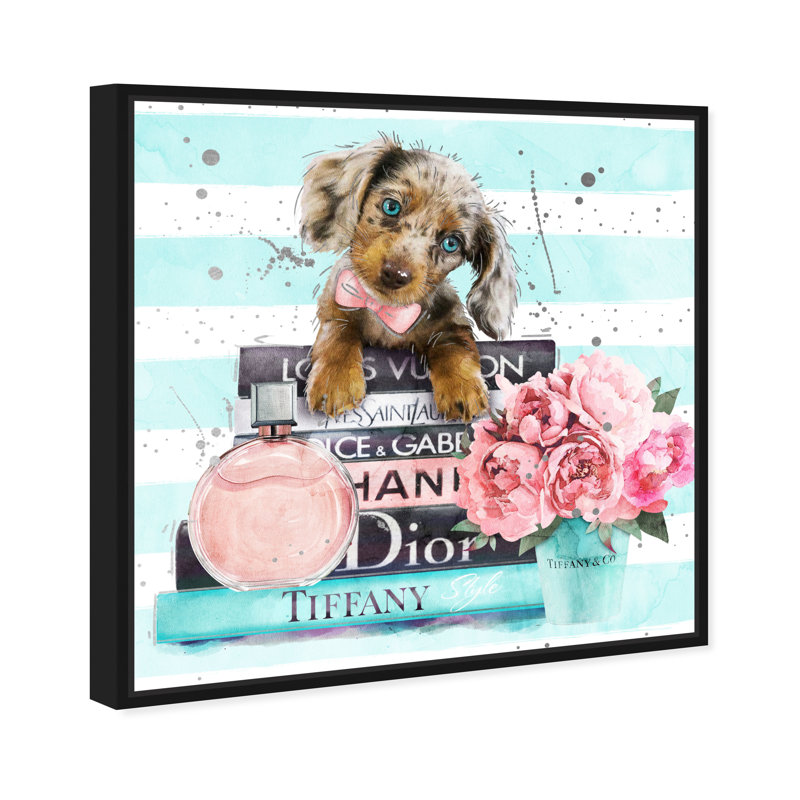 «Doxie Mint Blue», impression sur toile, H 16 po x l 16 po, Cadre flottant noir