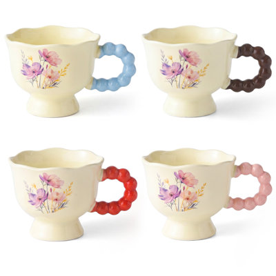 4Pc Ceramic Mugs with Flower Handles