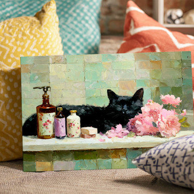 Art mural de salle de bain chat noir et toile florale (ton chalet chaleureux) prêt à être accroché pour la salle de bain