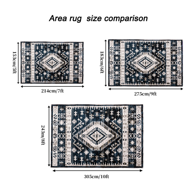 Large Area Rug 6x9, Washable Non-slip For Bedroom, Living Room, Kitchen - Retro Geometric Blue/black Design Vintage 6x9 Kitchen, Room Blue Black