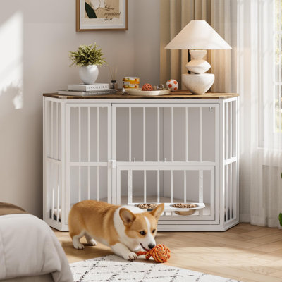 White Wooden Corner Dog Crate End Table for Small Dogs, Space-Saving Pet Kennel with 360° Rotating Bowl, Sturdy Indoor Pet Cage Furniture