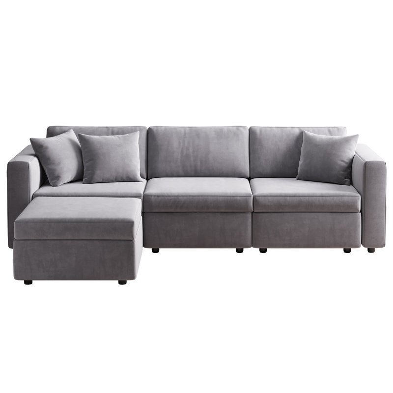 99.3" Modular 3-Seater Sofa With Seat Storage & Ottoman, Comfy Velvet Fabric Couch For Living Room, Office, Apartment