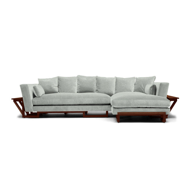 LRG Chaise Sectional, Coral Velvet, Right Side Tray, Solid Walnut