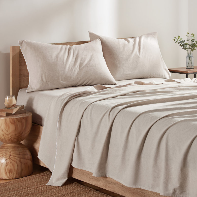 Queen Beige Cotton and Linen 4-Piece Sheet Set