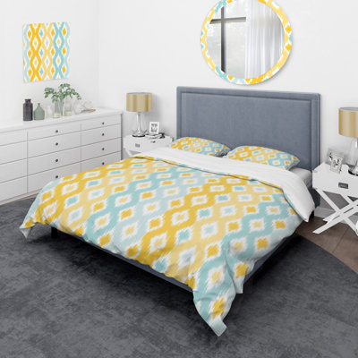 Yellow Ikat Ogee - Ensemble de housse de couette abstrait - Microfibre de polyester