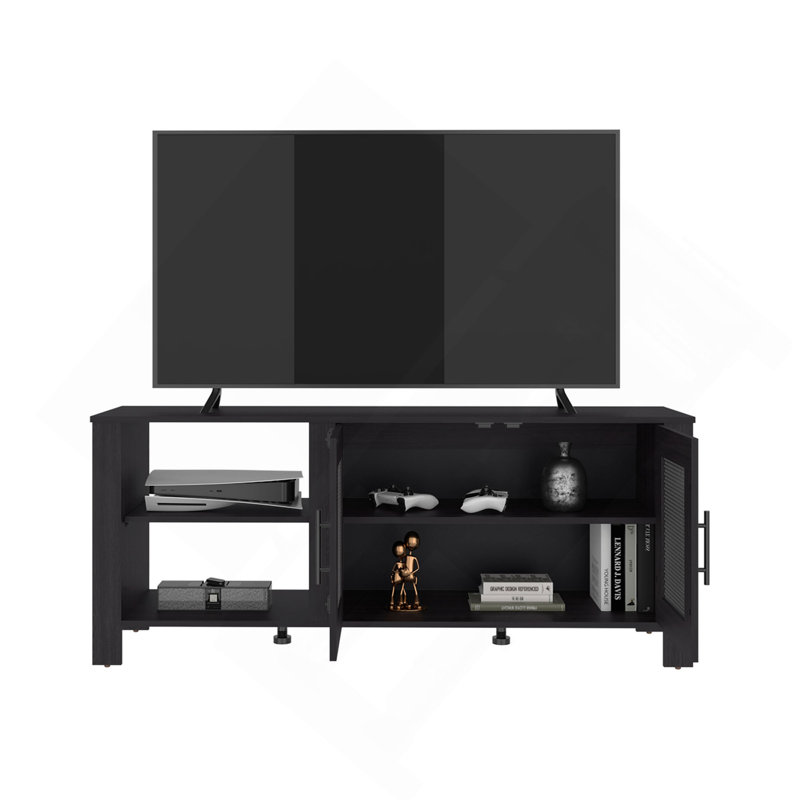 Meuble télé 65 po avec 5 tablettes ouvertes, 2 portes et console multimédia moderne pour le rangement dans le salon Freedom