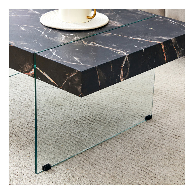 43.3"X23.6" Black Marble-Patterned MDF Coffee Table With Tempered Glass Legs.Suitable For Living Room.It Can Be Used Not Only As A Coffee Table But Also As A Side Table Or Display Stand.