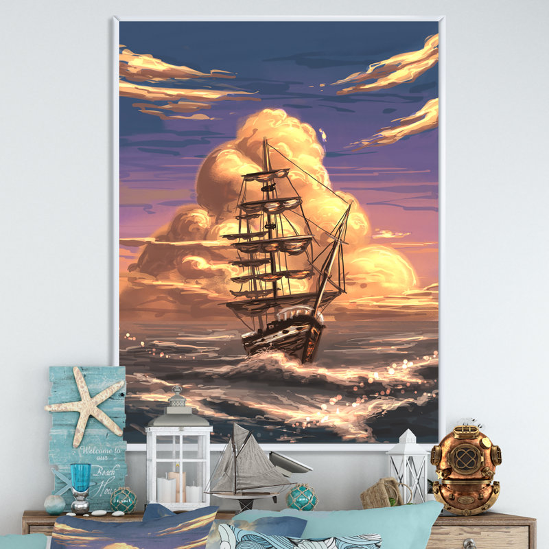 «Video Game Fantasy Ship Coastal Sunset», reproduction de photo sur toile, H 20 po x l 12 po x P 1 po, Cadre flottant blanc
