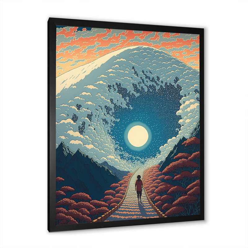 Marcher vers la montagne de la pleine lune II - impression, H 44 po x l 34 po x P 1,5 po, Impression noire sur toile encadrée