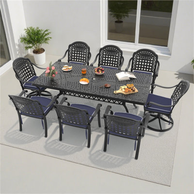 Ensemble de salle à manger d'extérieur rectangulaire 8 personnes (210 cm L) avec trou pour parasol, 2 chaises pivotantes + 6 chaises empilables, coussins bleus