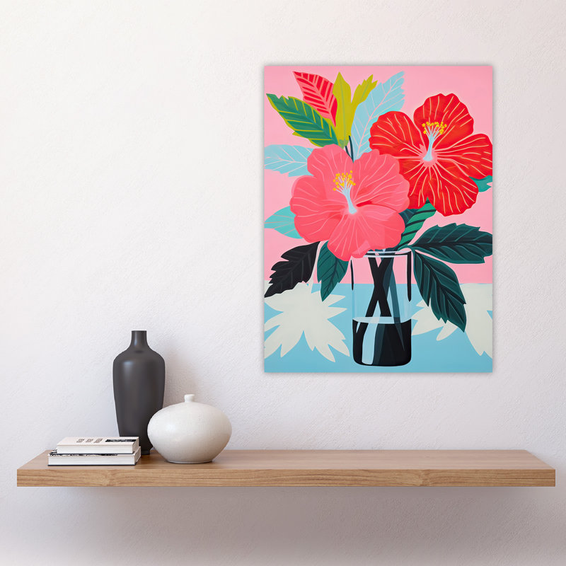 Wall Art Print Hibiscus Flowers in Vase Stylised Graphic Painting Pink Still Life Poster