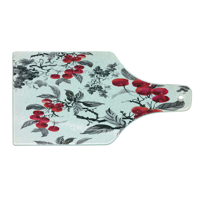 Ambesonne Rowan Tempered Glass Cutting Board Mountain Ashes Art Ruby Grey Black