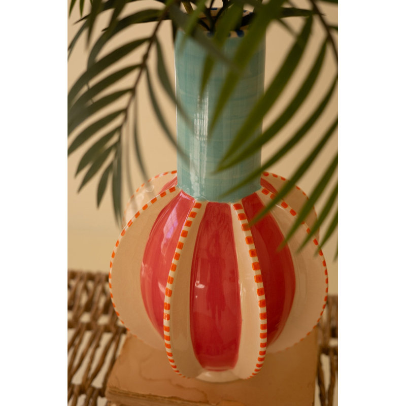  Ceramic Multi-Colored Vase with Blue Neck – 15" Tall Decorative Accent