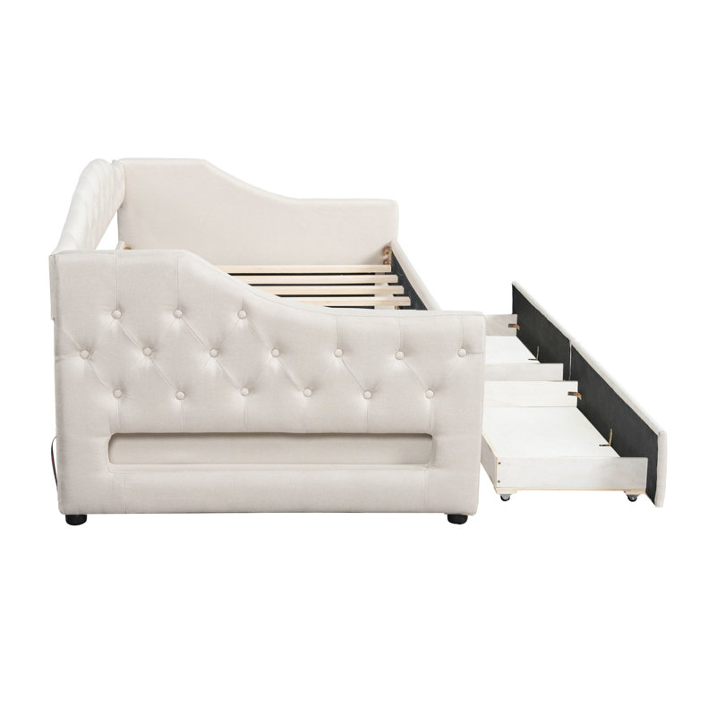 Beige Upholstered Twin Xl Daybed With Led Belt, 2 Drawers, And Frame For Rustic Home Linen Lighting, Wood Relaxing Bedroom
