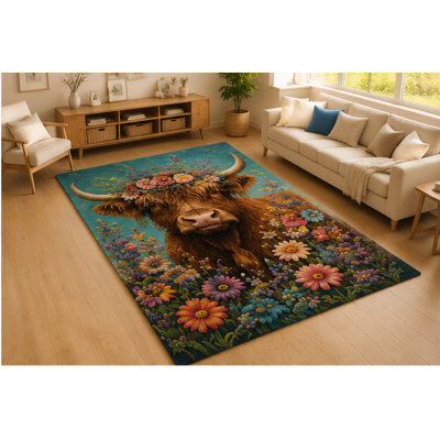 "Ultra Light Weight" 5' x 7' Highland Cow Floral Area Rug for Living Room Soft Low Pile Indoor Rug with Non-Slip Silicone Backing Rustic Animal Carpet for Bedroom Family Room Office Decor Brown