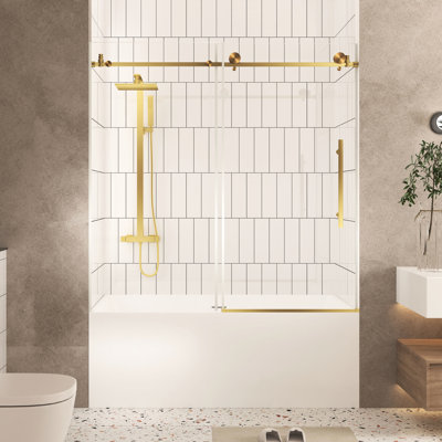 Shower Door 56 - 60" W X H, 1/4"  6 Mm  Clear Tempered Glass, Safe Film, Brushed Gold Finish, Corrosion Stainless Steel Handle, American Design For Bathroom, Smooth And Quiet Sliding With Low