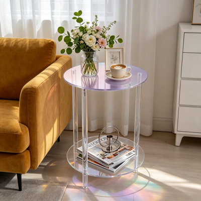 Table d'appoint ronde à deux niveaux en acrylique irisé, table de chevet transparente pour salon