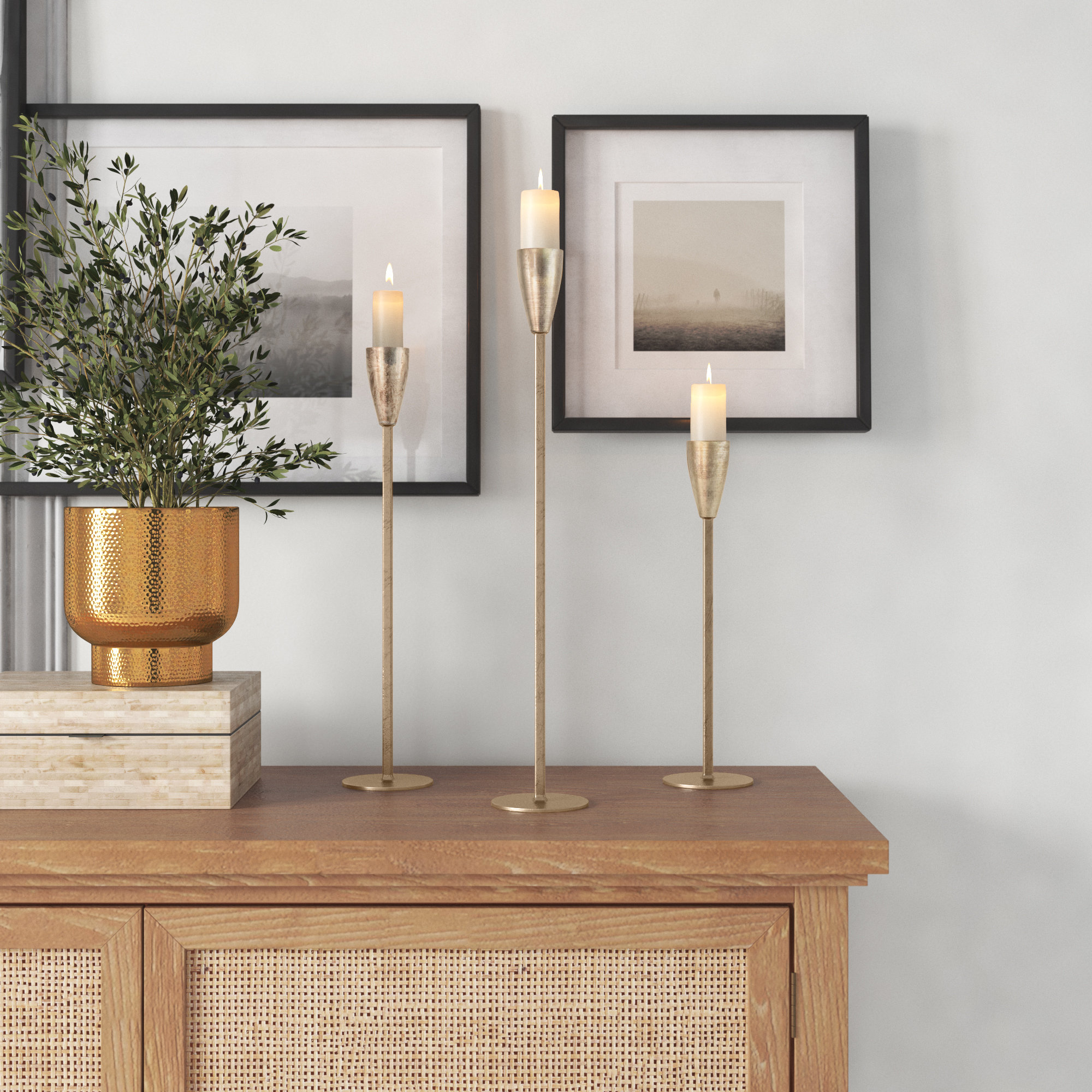 Tirana Metal Taper Holders, Antique Brass Finish, Set of 3