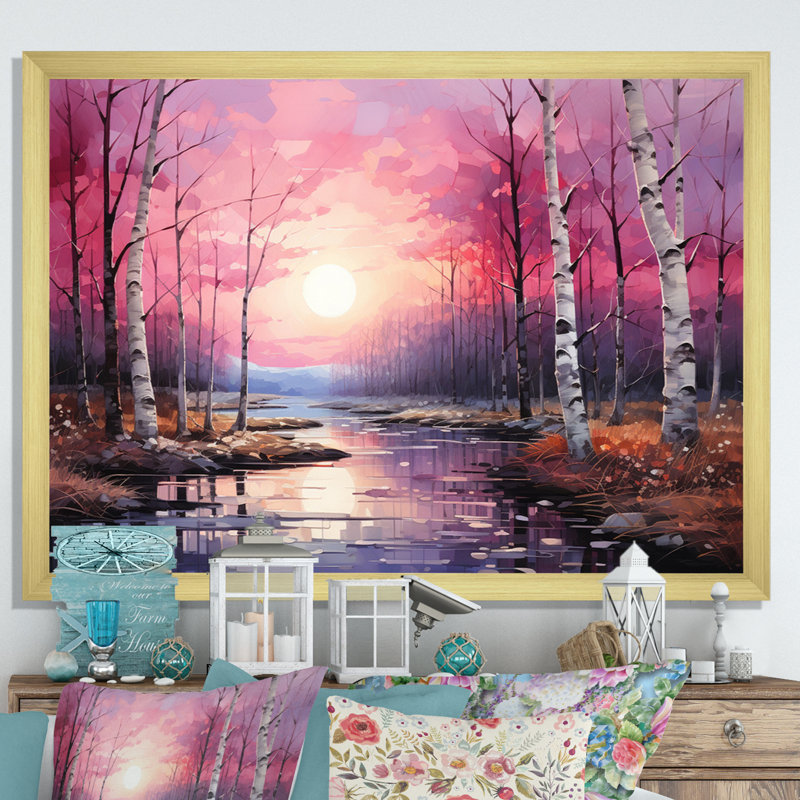 Birch Woods Pink Symphony III - Tree Birch Canvas Wall Art, Encadrement doré, H 34 po x l 44 po x P 1,5 po