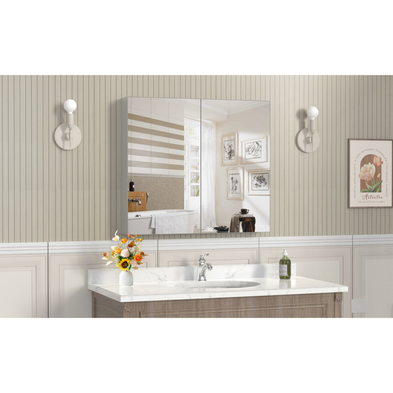 Armoire à pharmacie murale à miroir 32 po x 28 po, structure en aluminium, rangement grande capacité, usure, formaldéhyde argenté, tablettes multiples, compartiments de rangement, antirouille
