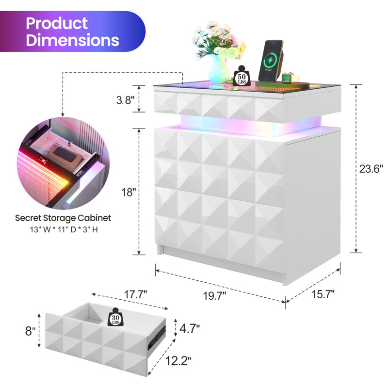 2-Drawer Nightstand with Adjustable RGB Light and Human Body Detection,Fashionable Mirror Visual Design Bedside Table with Charging Station