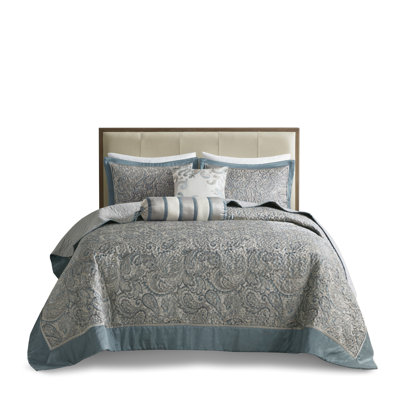 5 Piece Queen Bedspread - , Teal Throw Pillows 100% Microfiber Reverse Cotton Fill, Captivating Grey Border With Stylish