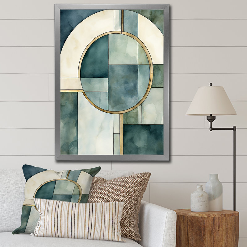 Mid-Century géométrique Moon Dreams rétro bleu - imprimé, Cadre simple gris, H 32 po x l 24 po x P 1 po