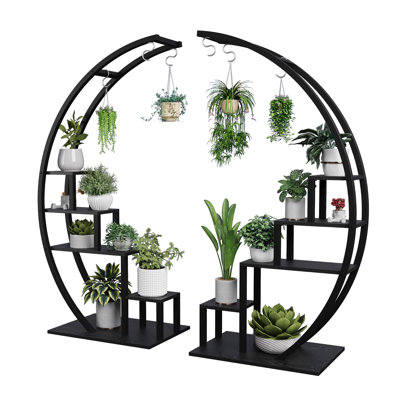 Set of 2 Space-Saving 5-Tier Tall Metal Plant Stands – Half Moon Shaped Flower Rack with Hanging Hooks, Modern Black and Wood Display Shelf for Multiple Indoor or Outdoor