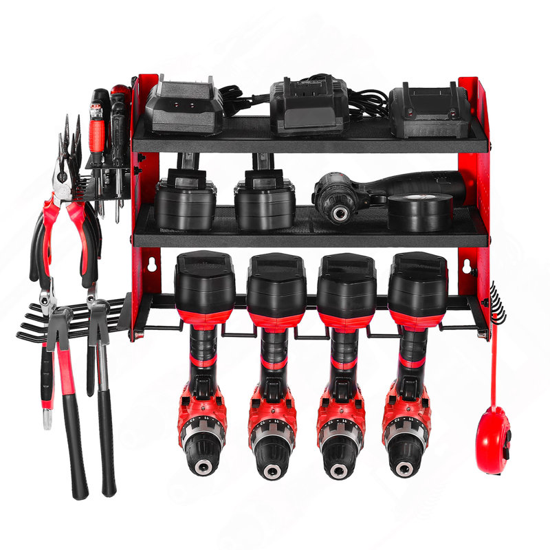 Power Tool Organizer Wall Mount, 3-Layer Storage Rack with 4 Drill Holders, Tools Holder and Storage Rack with Side Pegboards, Garage Tool Organizer for Garage, Workbench, and Workshop