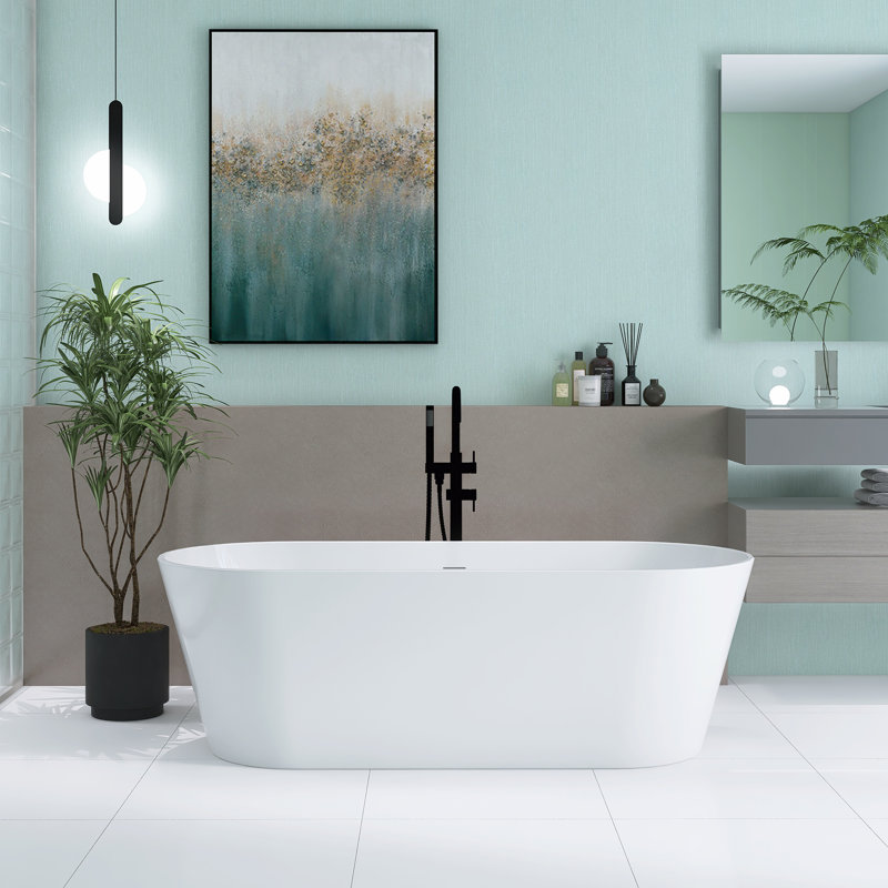 66.9" X 28.7" Freestanding Glossy White Acrylic Soaking Bathtub With Drain