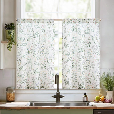 Linen Floral Kitchen Curtains Rod Pocket Tier Curtains