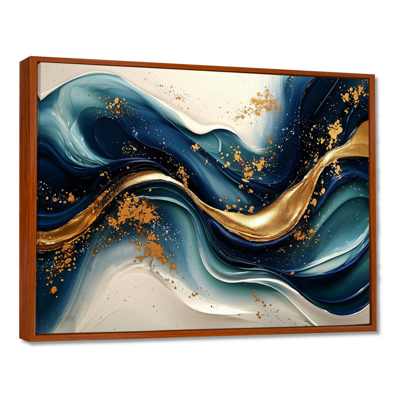 «Emerald Stone Fusion On Blue River IV - Abstract Modern Waves», art mural sur toile, H 34 po x l 44 po, Cadre flottant, Brun
