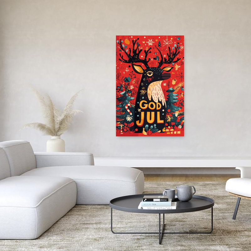 God Jul Festive Reindeer Modern Whimsical Abstract Christmas Tree Deer Nature Winter Wall Art Print 1 Piece Wrapped Canvas Wall Art