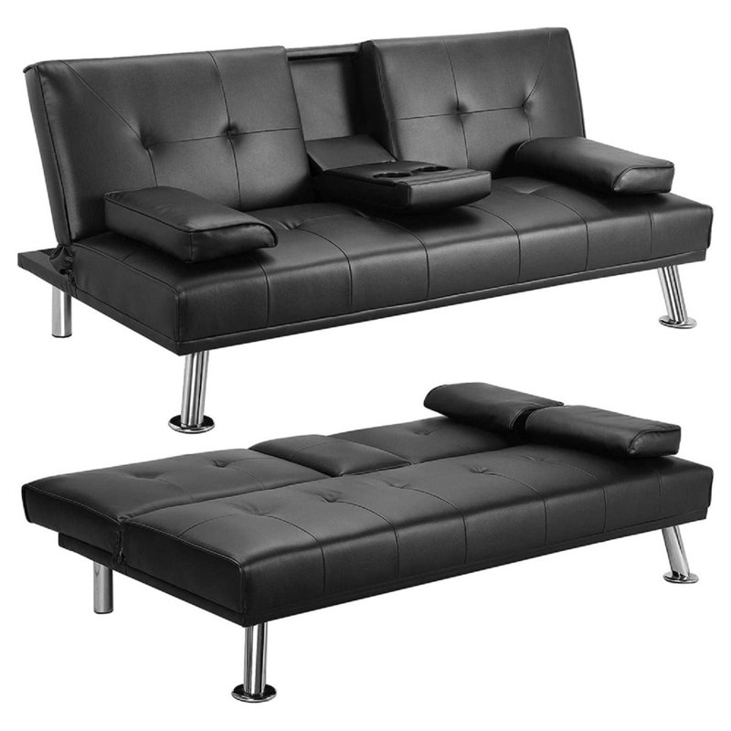 Modern Multifunctional Sofa Bed, Faux Leather Adjustable Lounge For Living Rooms, Compact Black Design With Cup Holders And Sturdy Metal Legs