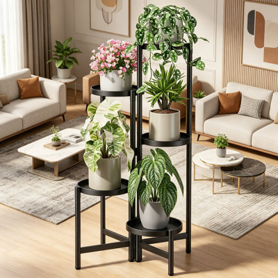 Grand support à plantes à 5 niveaux, 7,9 po de hauteur, grand support en métal pour plantes multiples, support à fleurs pliable à plusieurs niveaux pour porche de balcon