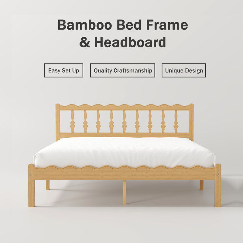Base de lit plateforme en bois massif de bambou 12 po avec tête de lit ondulée, lattes en métal, aucun sommier requis, 12"