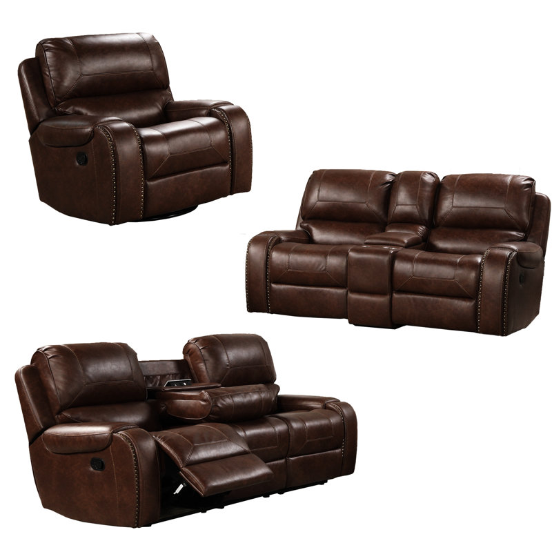 Rich Brown Reclining 3 With Centre Cup Holders And Traditional Style Leather Adjustable Back