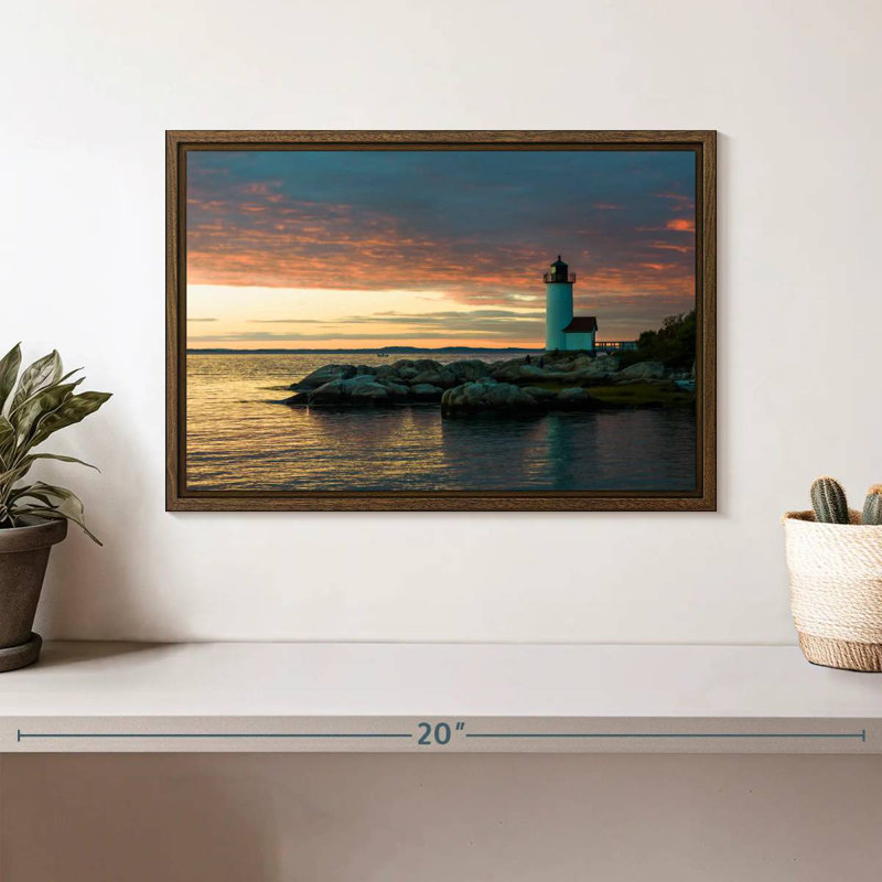 Coucher de soleil sur le phare d'Annisquam, 13 po x 9 po, Cadre flottant en noyer