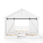 Cadre de lit simple de style maison de campagne avec porte de grange coulissante, ampoule, escaliers et tiroirs de rangement, blanc-133584748-133584750