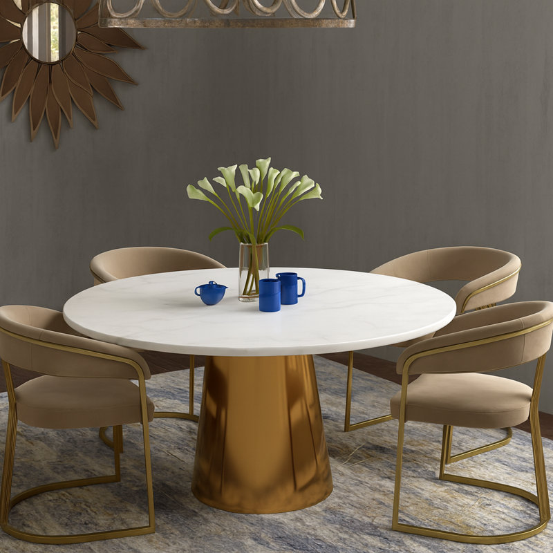 Kimbrell 54'' Round Marble Top Gold Base Dining Table, White
