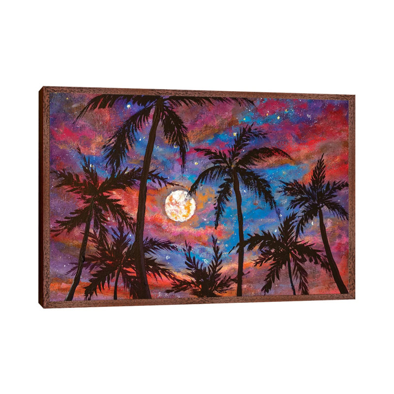 Beautiful Palm Trees, Pink Purple Sunset And Large Moon by Valery Rybakow - Painting on Canvas, Classic Brown Wood Framed