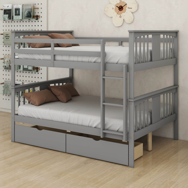 Lit superposé en bois avec tiroirs, lit superposé convertible avec échelles et deux tiroirs de rangement, cadre de lit détachable en bois massif avec échelles, double sur double