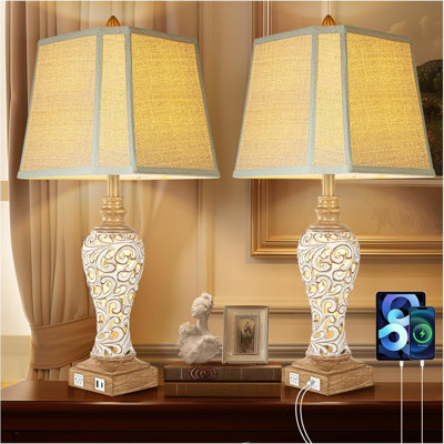 Set Of 2 Rustic 28.5-Inch Table Lamps With USB Charging Ports And Nightlights For Bedroom, Living Room