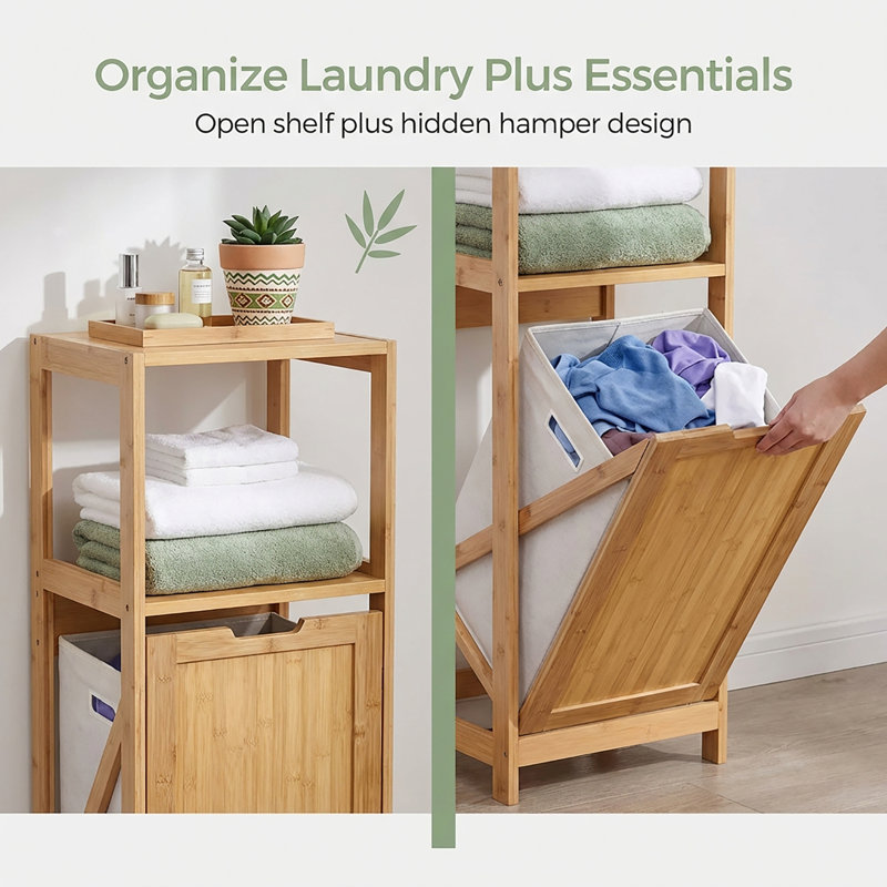 Miami Tilt-Out Cabinet Laundry Hamper with Basket and Shelves, Bamboo