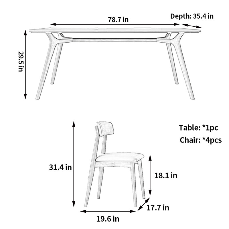 Table et chaise de salle à manger de style domestique simple, H 29,5 po x L 78,7 po x l 35,4 po