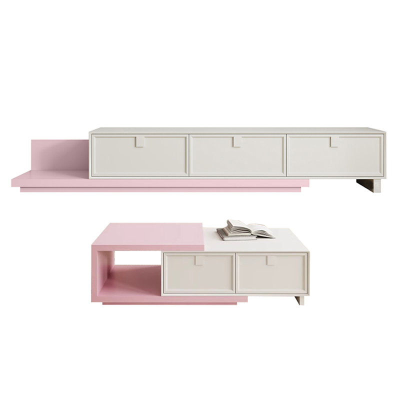 Expandable Solid Wood TV Stand & Coffee Table Set, Cream/Pink