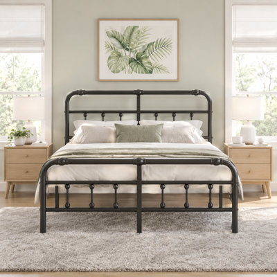 Cadre de lit double de 14 pouces, cadre de lit plateforme avec tête de lit en fer, support de lattes en métal robuste, aucun sommier requis, assemblage facile, noir