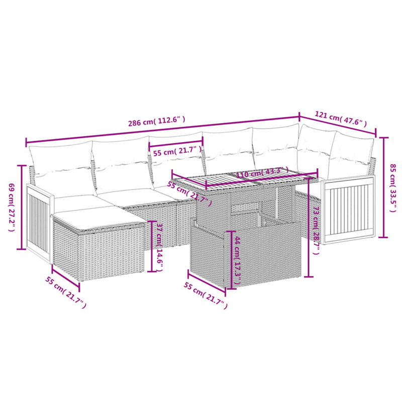  Ensemble de canapé de patio 8 pièces avec coussins en rotin de polyester, Gris, Bleu