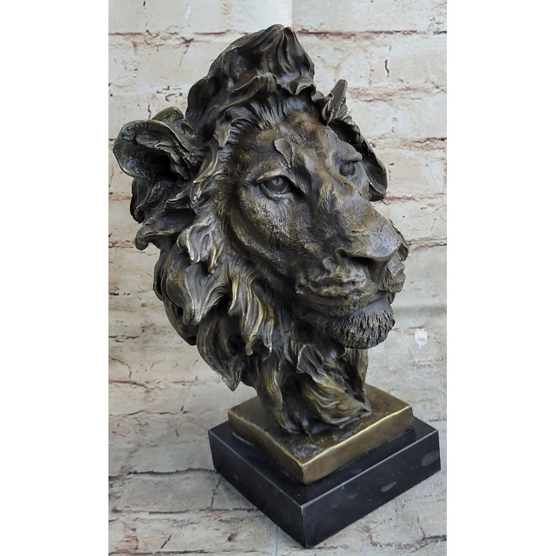 Hot Cast Bronze Male Lion Bust Sculpture Statue Original Art On Marble Base